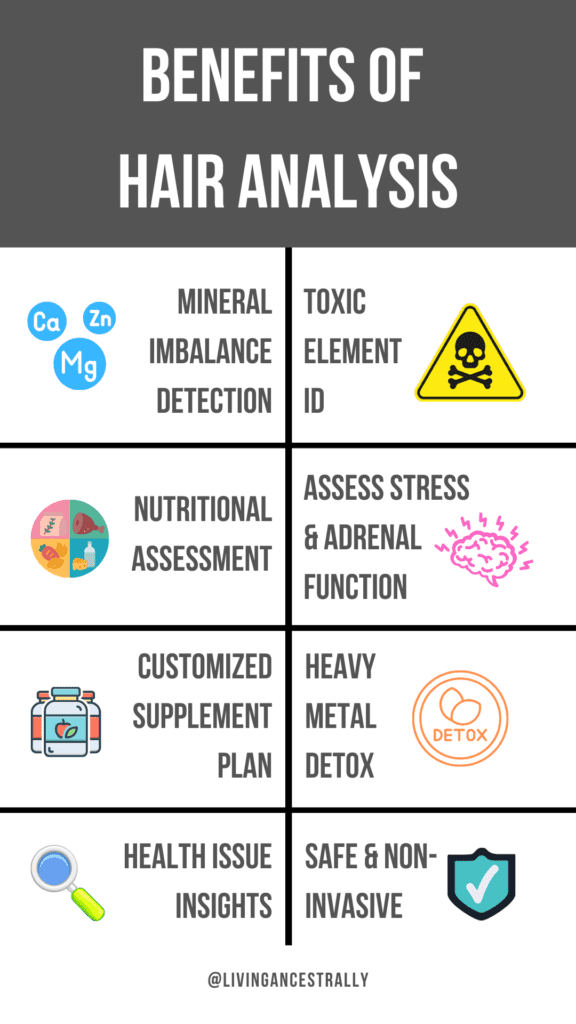 Graphic explaining the benefits of a hair analysis. These include: Mineral Balance Detection, Toxic Element ID, Nutritional Assessment, Assess Stress& Adrenal Function, Customized Supplement Plan, Heavy Metal Detox, Health Issue Insights, and Safe & Non-Invasive