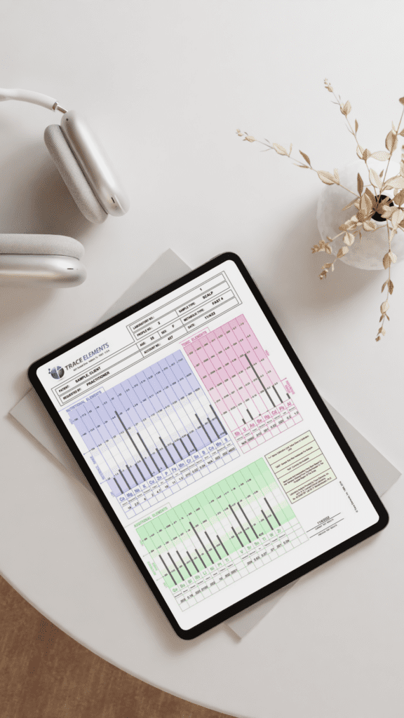 Sample report of a hair tissue mineral analysis report on a coffee table.