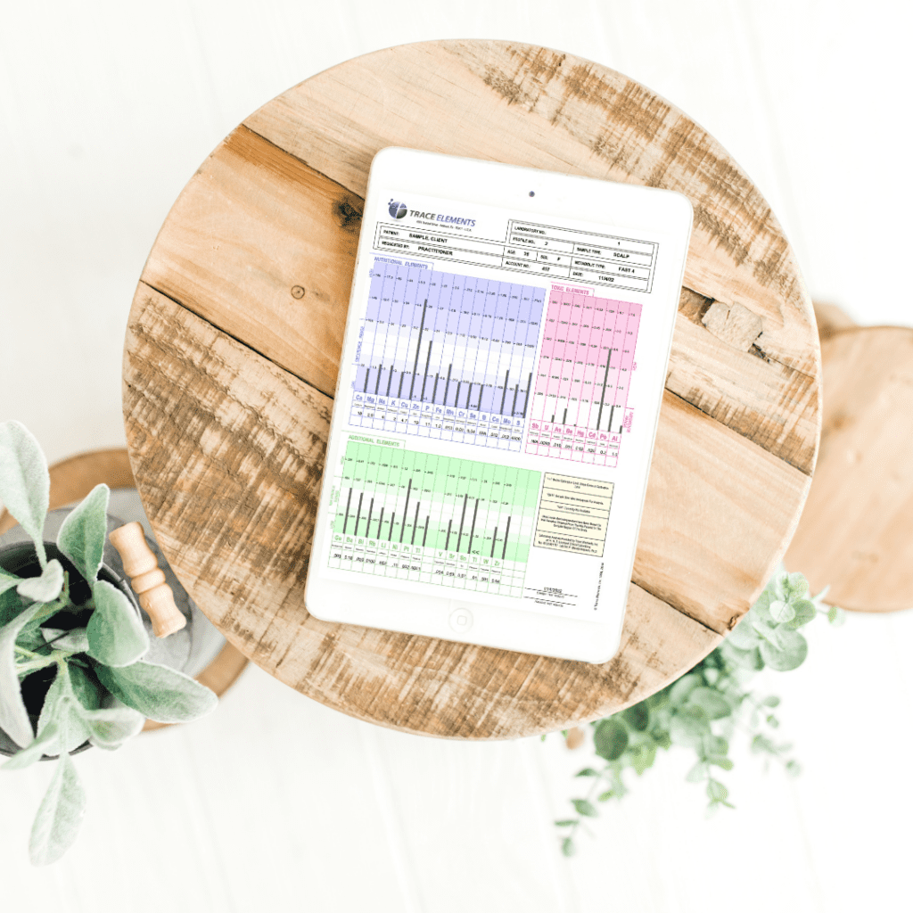 Graphic of an HTMA mineral hair test report on a table.